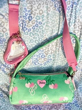 New Green Juicy Couture Purse Cherry Velvet Shoulder Bag Handbag Vintage Style